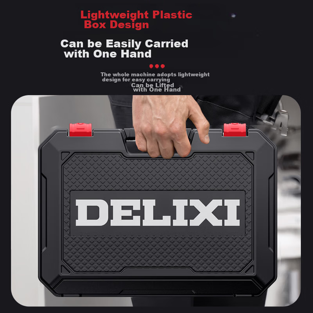 Набір дрилів DELIXI ELECTRIC з літієвим акумулятором, багатофункціональний, з ящиком для інструментів, для ремонту та деревообробки - зображення 7