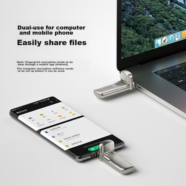 Флеш-накопитель MOVE SPEED 512 ГБ большой емкости, USB 3.2 Type-C, двойной интерфейс для телефонов и компьютеров, резервное копирование с шифрованием по отпечатку пальца, стабильная скорость работы без сбоев, серия Yicun. - изображение 4
