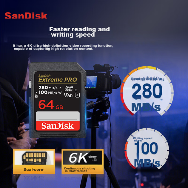 Карта пам'яті SanDisk SD 64 ГБ V60 U3 C10, читання 280 МБ/с, запис 100 МБ/с - Фото 4 Карта пам'яті SanDisk SD 64 ГБ V60 U3 C10, читання 280 МБ/с, запис 100 МБ/с - зображення 4
