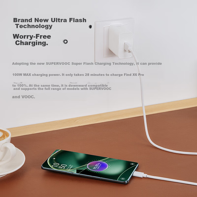 Зарядный адаптер OPPO SUPERVOOC 100 Вт, комплект для сверхбыстрой зарядки, совместим с Huawei, Xiaomi, OnePlus, iPhone серии 17 - изображение 4
