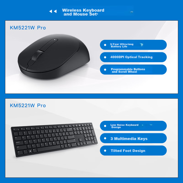 Комплект беспроводной клавиатуры и мыши DELL KM5221W с USB-адаптером, черный - изображение 6