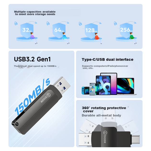 Флеш-накопитель BIAZE 128 ГБ Type-C USB 3.2, серый, скорость чтения 150 МБ/с, двойной интерфейс для телефона и компьютера, офисный USB-накопитель для бизнеса, UP-05 - зображення 4