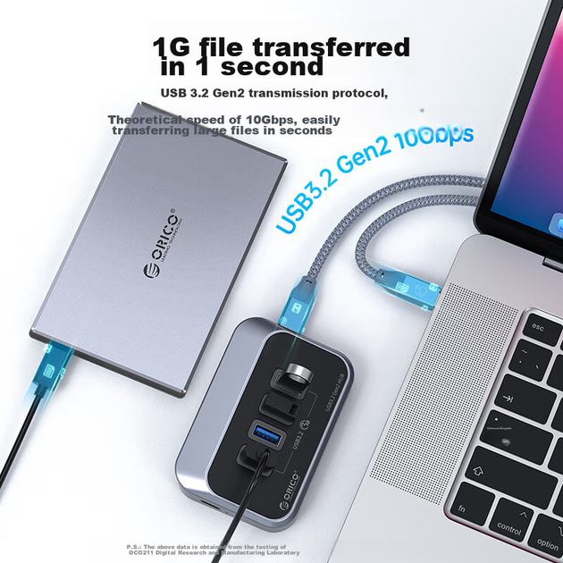 USB-хаб ORICO M32A2C USB 3.2 Gen2 10 Гбіт/с для ноутбуків Apple MacBook - Фото 6 USB-хаб ORICO M32A2C USB 3.2 Gen2 10 Гбіт/с для ноутбуків Apple MacBook - зображення 6
