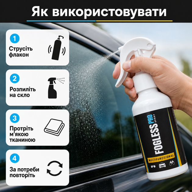 Средство против запотевания стекла и зеркал Fogless Pro Спрей для стекла и зеркал 200 мл Антифог спрей от запотевания стекла в авт - изображение 6