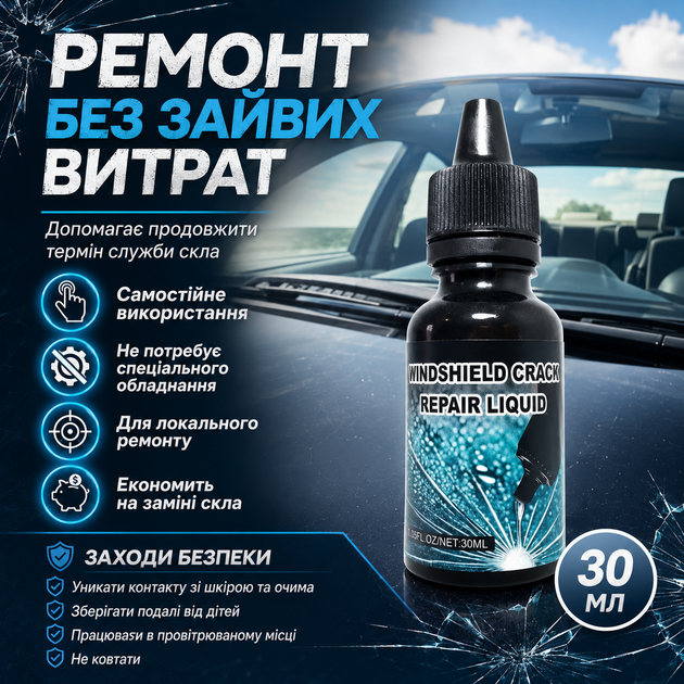 Клей для ремонта трещин лобового стекла Windshield Crack Repair Liquid Прозрачный клей для стекла автомобиля, 30 мл - изображение 11