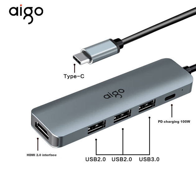Док-станція розширення Aigo Type-C, концентратор USB 3.0, адаптер HDMI, конвертер для док-станції для ноутбука 4K60Hz Ultra HD, швидка зарядка PD100W, T05-H1Plus (метал) - изображение 9