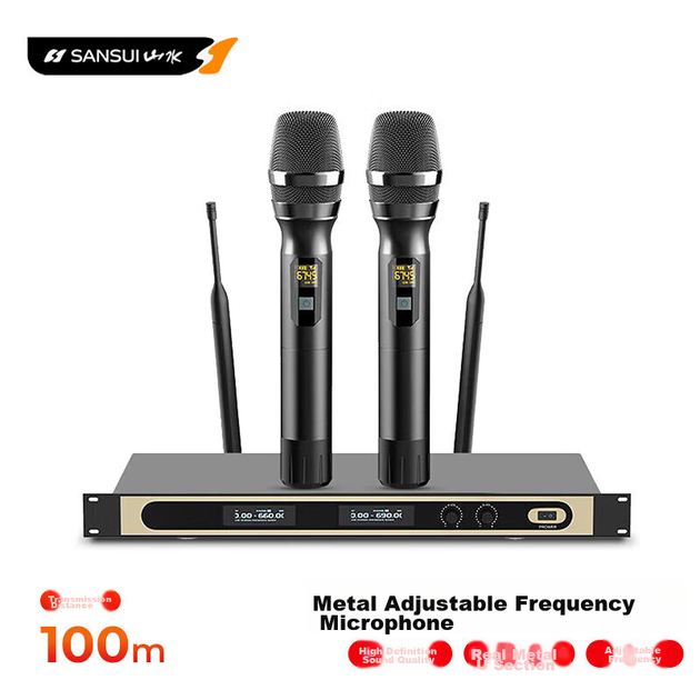 Беспроводная микрофонная система SANSUI V79, двухканальная UHF, для караоке, речи, сцены и конференций, металлический корпус, регулируемая частота - изображение 4