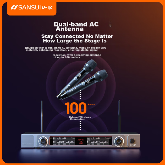 Беспроводная микрофонная система SANSUI V79, двухканальная UHF, для караоке, речи, сцены и конференций, металлический корпус, регулируемая частота - изображение 8