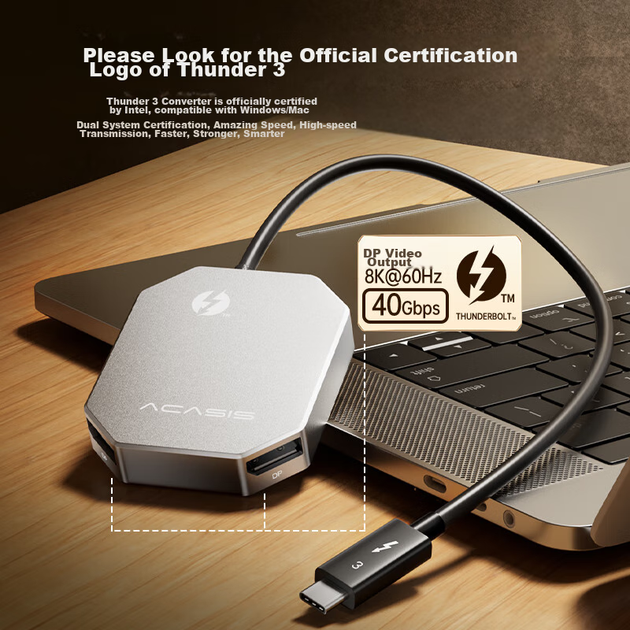 Док-станция Acasis Thunderbolt 3, Type-C на два DisplayPort для трех экранов, расширение Type-C на два DisplayPort, HDMI-разветвитель, 8K Ultra HD, настольная офисная док-станция, TB2D - изображение 4