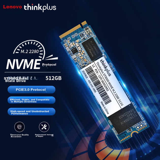 SSD ThinkPlus Lenovo 512GB M.2 2280 (NVME Protocol), серия ST9000, совместим с ноутбуками и настольными компьютерами. - изображение 4