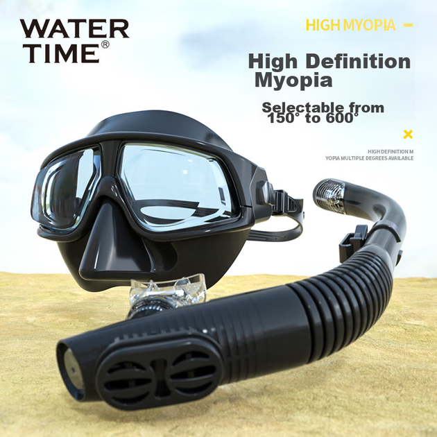 Маска для дайвінгу WATERTIME / Shuichuan для підводного плавання з системою повного сухого дихання, маска для плавання та дайвінгу при короткозорості, -5,50 діоптрій - изображение 6