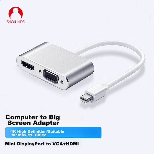 Конвертер Snowkids Mini DP в HDMI и VGA двухпортовый 4K для ноутбука, проектора и телевизора - изображение 4