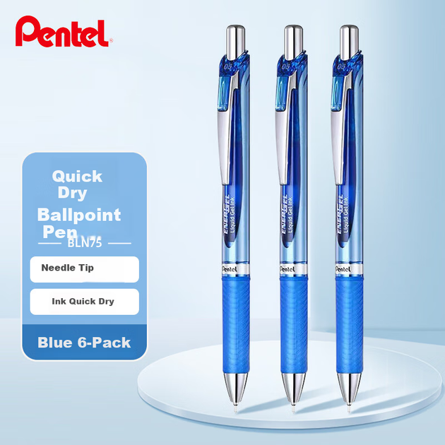 Ручки гелеві Pentel BLN75 0.5 мм з висувним стрижнем, сині, швидковисихаючі, 6 шт - Фото 4 Ручки гелеві Pentel BLN75 0.5 мм з висувним стрижнем, сині, швидковисихаючі, 6 шт - зображення 4