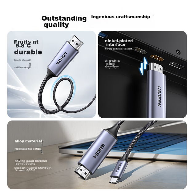 Кабель UGREEN Type-C на HDMI, 4K 60 Гц и 2K 144 Гц, совместим с Thunderbolt 4/5, для телефона и ноутбука Apple, для вывода на монитор, 1.5 м - Фото 11 Кабель UGREEN Type-C на HDMI, 4K 60 Гц и 2K 144 Гц, совместим с Thunderbolt 4/5, для телефона и ноутбука Apple, для вывода на монитор, 1.5 м - изображение 11
