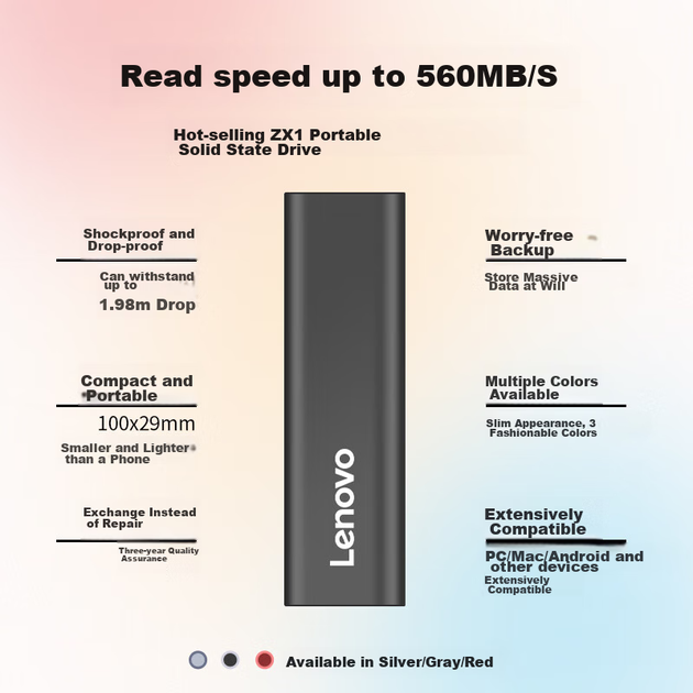 SSD диск Lenovo ZX1 1TB USB 3.1 Gen 2 Type-C External Grey - зображення 4