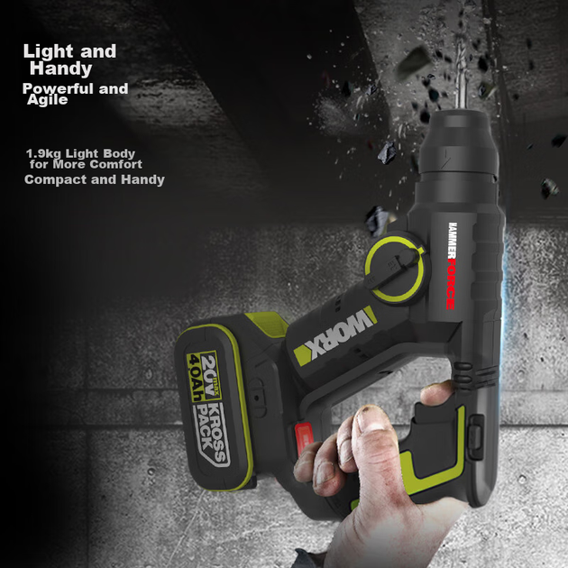 Перфоратор WORX WU380S аккумуляторный 20 В бесщеточный с аккумулятором 4.0 Ач - изображение 6