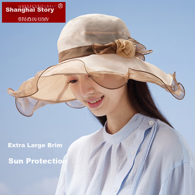 Жіночий шовковий капелюх Shanghaigushi з широкими полями, весняно-літній шовковий капелюх кольору шовковиці, капелюх із захисту від сонця, подарунок для мами, бежевий - зображення 3