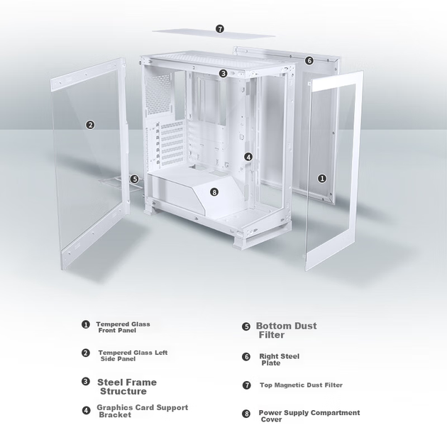 Корпус для настольного компьютера PHANTEKS NV5S белого цвета, без стоек, с панорамным обзором, форм-фактор E-ATX (поддержка водяного охлаждения 360 мм / двойной кабель RGB ARGB / Type-C 3.1 / совместимость с RTX 4080 Super) - изображение 12