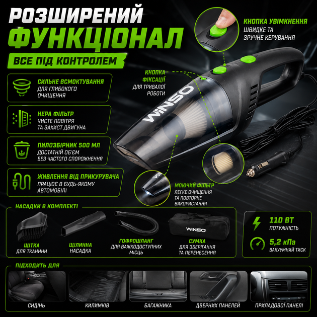 Автомобильный пылесос Winso 110Вт 5,2кПа от прикуривателя черный с HEPA фильтром для сухой и влажной уборки в автомобиле, ручной пылесос SK_250200А12 - изображение 4