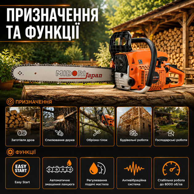 Бензопила Midori MJ 101 3.9 лс 53 куб см шина 45 см двухтактный двигатель автоматическая смазка цепи для заготовки дров обрезки деревьев и садовых работ - Фото 4 Бензопила Midori MJ 101 3.9 лс 53 куб см шина 45 см двухтактный двигатель автоматическая смазка цепи для заготовки дров обрезки деревьев и садовых работ - изображение 4