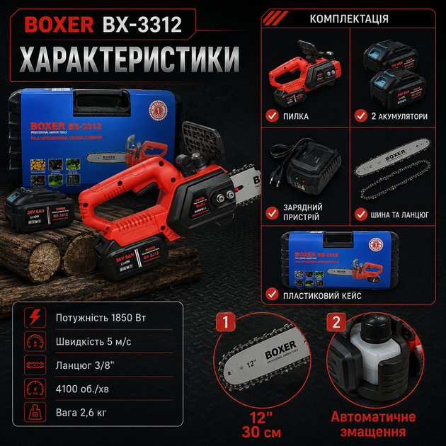 Аккумуляторная цепная пила BOXER BX3312 24 В 6 Ач шина 30 см бесщеточный двигатель с двумя аккумуляторами в кейсе - изображение 2