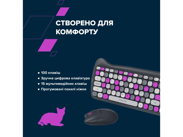 Клавіатура + миша бездротова Canyon HSET-W6 Kitty Edition Violet (CNS-HSETW6VT) - зображення 8