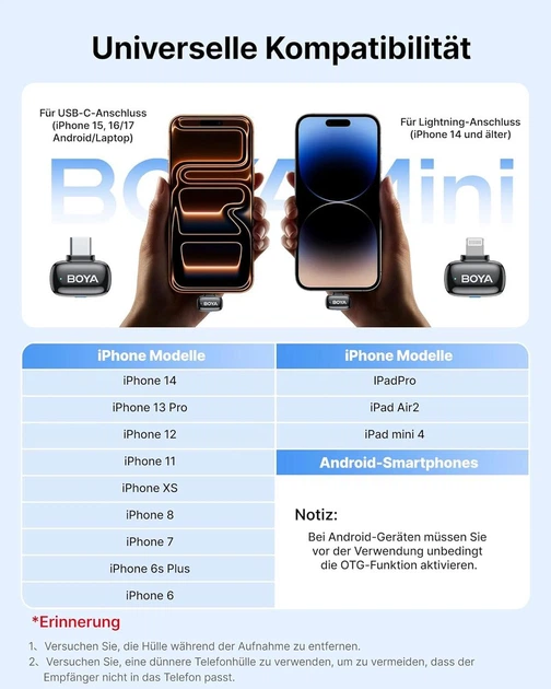 Бездротовий мікрофон BOYA Mini (2TX+2RX) для iPhone та Android, USB-C/Lightning, 48 кГц - изображение 4