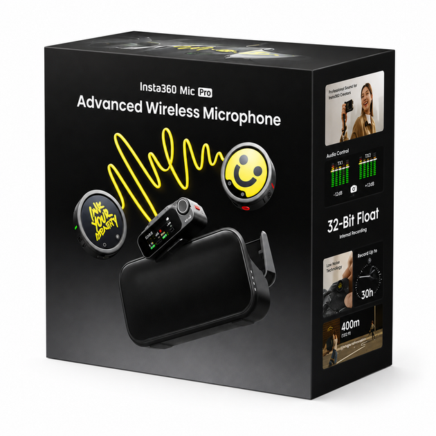 Беспроводная микрофонная система Insta360 Mic Pro (2TX+1RX) с E-Ink дисплеем для камеры и телефона, Черная - изображение 2