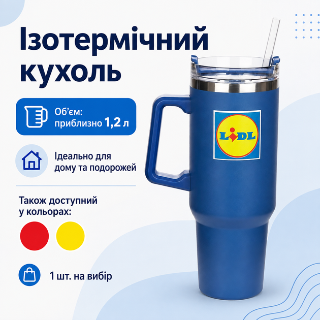Изотермическая кружка Lidl HG12790A с ручкой и трубочкой 1.2 л Blue (3_08540) - изображение 2