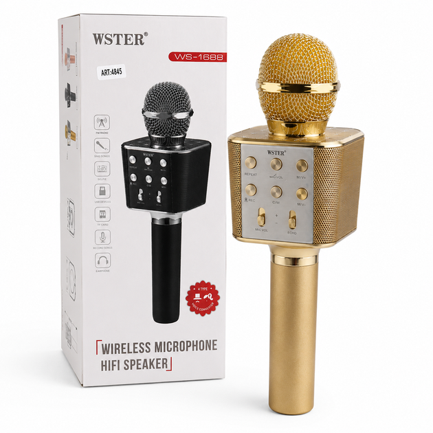 Микрофон беспроводной детский для караоке Bluetooth-колонка Wster WS-1688 для пения радио и записью на флешку - изображение 2