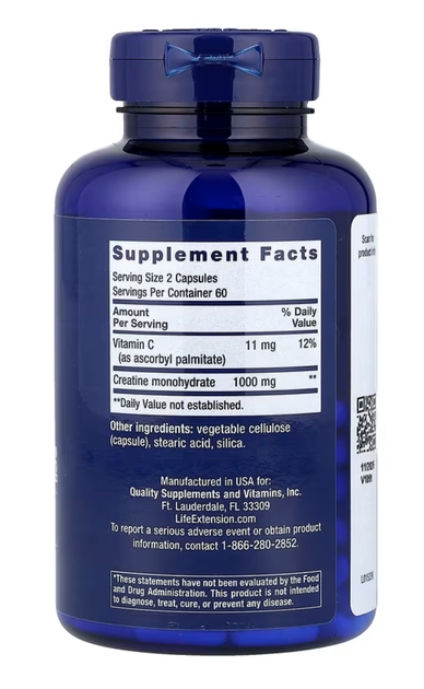 Креатін моногідрат Life Extension Creatine Capsules 1000 мг, 120 капсул для сили та витривалості м'язів - зображення 2