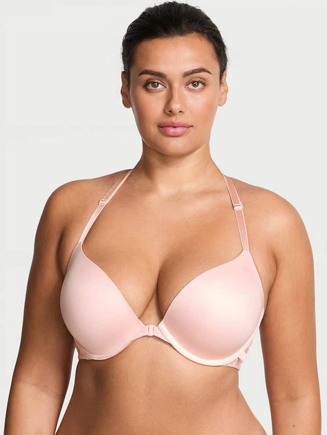 Гладкий комплект белья Victoria's Secret лиф Push-Up с кружевом и трусики тонг 1161227960 (Розовый 34A/S) - изображение 2