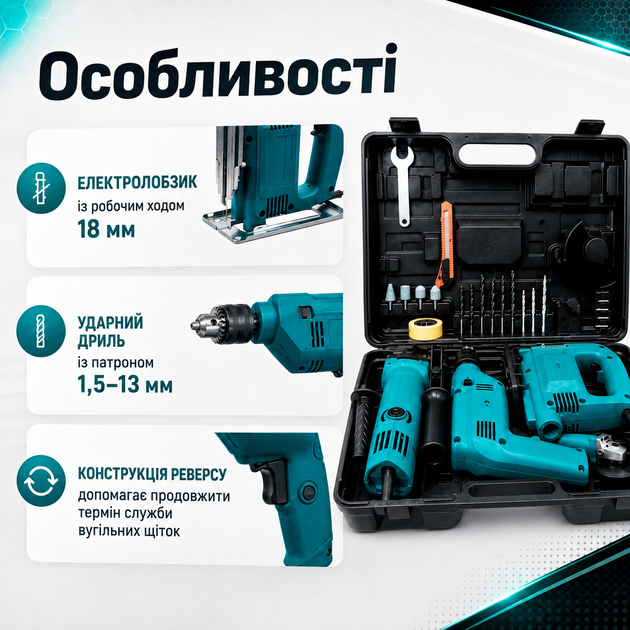Комплект електроінструментів 3 в 1 з електролобзиком 750 Вт, ударним дрилем 710 Вт та болгаркою Makita 9558HN 840 Вт для різання і свердління - зображення 2