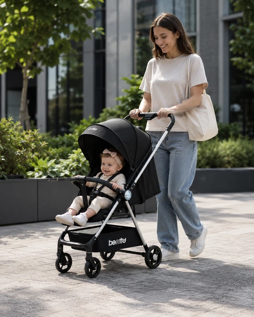 Дитяча універсальна коляска BERUTY LUX black/silver / Преміальна коляска з люлькою та прогулянковим блоком - зображення 2