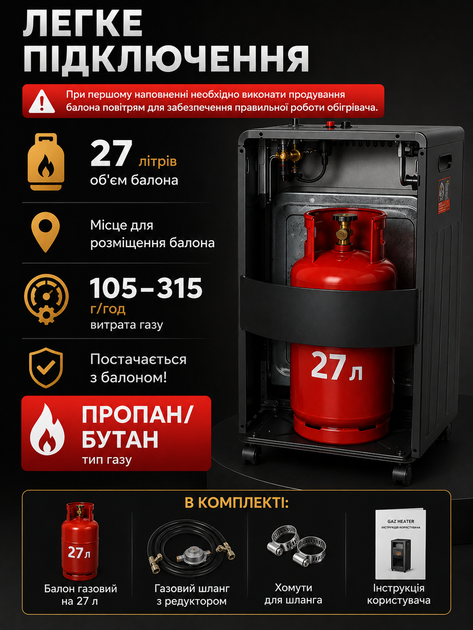 Газовий обігрівач 4,2 кВт з газовим балоном 27 л, редуктором і шлангом, керамічний автономний обігрівач для дому та гаража - изображение 2