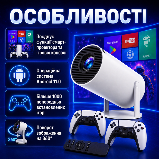 Игровой смарт-проектор M300 MAX с Android 11.0, двумя джойстиками, более 1000 встроенных игр, Wi-Fi, Bluetooth и поддержкой 4K UHD - изображение 3