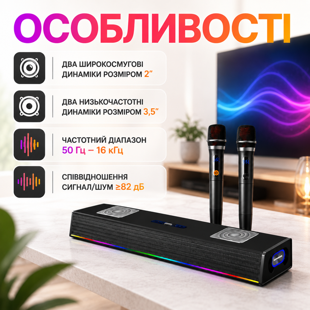 Саундбар SOGOVGZ G-69 2.1 з LED-підсвіткою, Bluetooth 5.0, двома бездротовими мікрофонами, HDMI, оптичним входом, S/PDIF, AUX та USB для караоке й домашнього кінотеатру - зображення 5