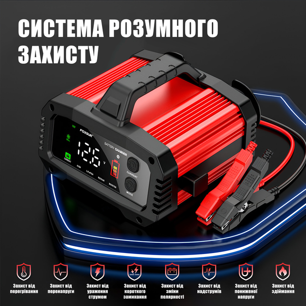Автомобильное пуско-зарядное устройство Foxsur FPT-250 12V/24V 25A/15A для АКБ 6–400Ah, импульсная зарядка - Фото 5 Автомобильное пуско-зарядное устройство Foxsur FPT-250 12V/24V 25A/15A для АКБ 6–400Ah, импульсная зарядка - изображение 5
