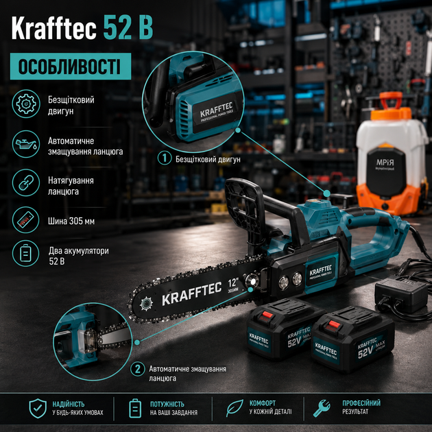 Аккумуляторная цепная пила Krafftec 52 В 30 см бесщеточная с двумя аккумуляторами и ранцевым аккумуляторным опрыскивателем Мрия 10 л - изображение 2