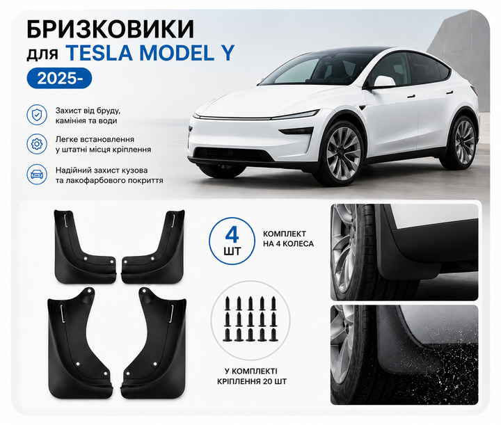 Брызговики Tesla Model Y 2025– (Juniper) | Комплект 4 шт + 20 клипс| - изображение 2