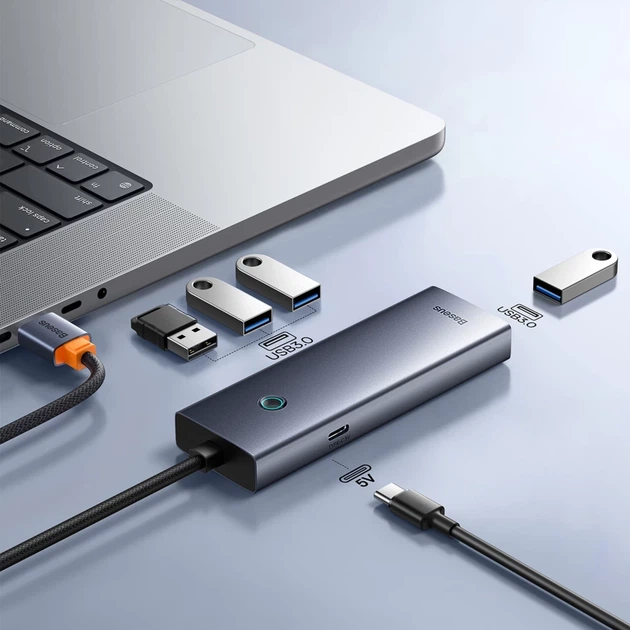 USB-хаб Baseus UltraJoy Series 4xUSB-A 3.0 1xUSB-C 5V 50cm Grey (6932172653217) - зображення 6