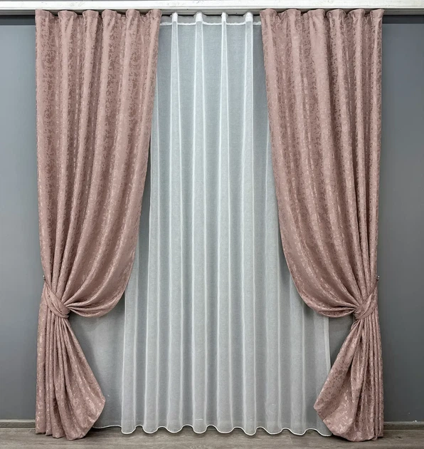 Комплект штор з тюлем VR-Textil Льон Мармур, пудровий з білим, 2 штори 100×270 см + тюль 300×270 см, арт. 71-012/1 - Фото 1 Комплект штор з тюлем VR-Textil Льон Мармур, пудровий з білим, 2 штори 100×270 см + тюль 300×270 см, арт. 71-012/1 - зображення 1