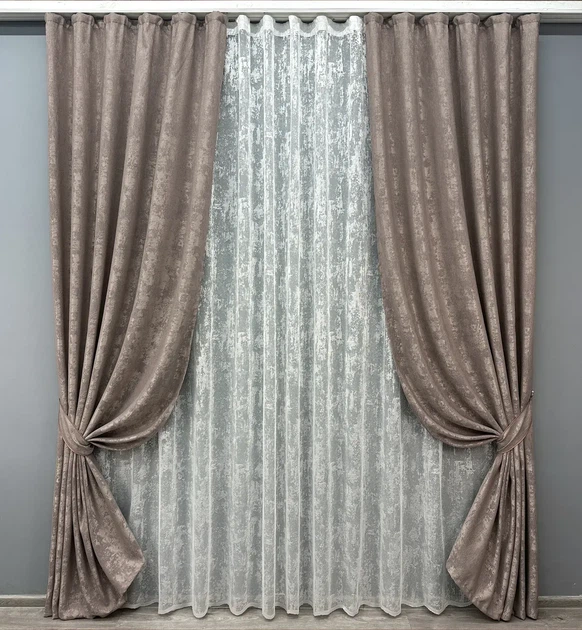 Комплект штор з тюлем VR-Textil Жакард Мармур, какао з білим, 2 штори 150×270 см + тюль 600×270 см, арт. 71-008/5 - Фото 1 Комплект штор з тюлем VR-Textil Жакард Мармур, какао з білим, 2 штори 150×270 см + тюль 600×270 см, арт. 71-008/5 - зображення 1