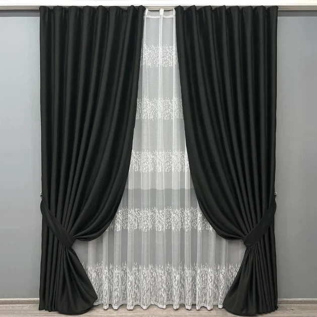 Комплект штор з тюлем VR-Textil Блекаут Bagema Rvs, чорний з білим, 2 штори 100×270 см + тюль 300×270 см, арт. 71-170/1 - Фото 1 Комплект штор з тюлем VR-Textil Блекаут Bagema Rvs, чорний з білим, 2 штори 100×270 см + тюль 300×270 см, арт. 71-170/1 - зображення 1