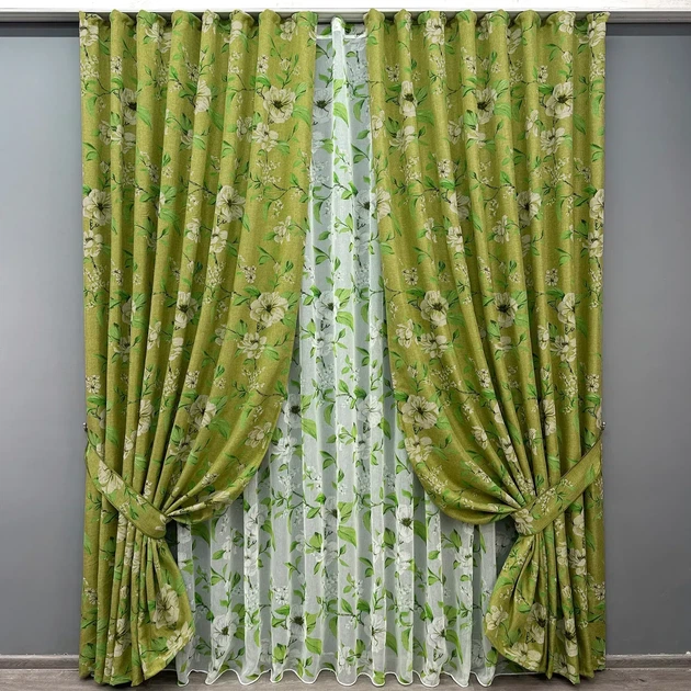 Комплект штор с тюлем VR-Textil Лен Прованс, оливковый с белым, 2 шторы 100×265 см + тюль 300×265 см, арт. 71-106/1 - Фото 1 Комплект штор с тюлем VR-Textil Лен Прованс, оливковый с белым, 2 шторы 100×265 см + тюль 300×265 см, арт. 71-106/1 - изображение 1