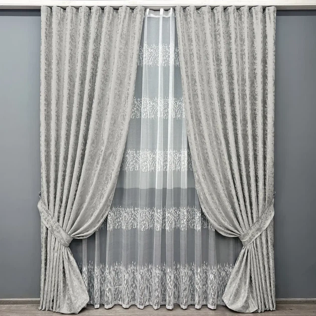 Комплект штор з тюлем VR-Textil Льон Мармур, світло-сірий з білим, 2 штори 100×270 см + тюль 300×270 см, арт. 71-168/1 - Фото 1 Комплект штор з тюлем VR-Textil Льон Мармур, світло-сірий з білим, 2 штори 100×270 см + тюль 300×270 см, арт. 71-168/1 - зображення 1