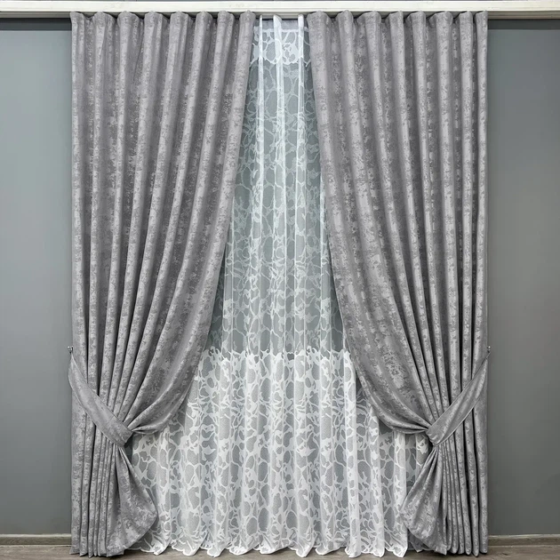Комплект штор з тюлем VR-Textil Жакард Мармур, сірий з білим, 2 штори 100×270 см + тюль 300×270 см, арт. 71-183/1 - Фото 1 Комплект штор з тюлем VR-Textil Жакард Мармур, сірий з білим, 2 штори 100×270 см + тюль 300×270 см, арт. 71-183/1 - зображення 1