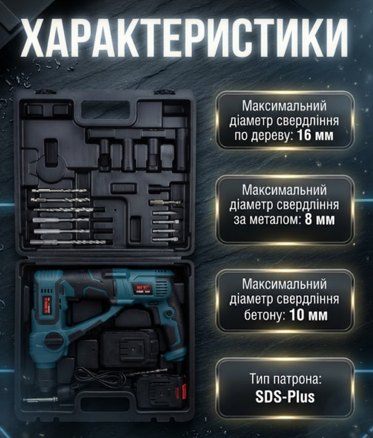 Аккумуляторный перфоратор Boxer SR149 24 В с двумя аккумуляторами патроном SDS Plus мягкой рукояткой набором сверл и насадок для сверления и долбления - Фото 3 Аккумуляторный перфоратор Boxer SR149 24 В с двумя аккумуляторами патроном SDS Plus мягкой рукояткой набором сверл и насадок для сверления и долбления - изображение 3