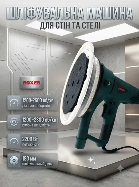 Шлифмашина для стен и потолков Boxer BX701 2200 Вт диск 180 мм с LED подсветкой 360 градусов для шлифования стен потолков гипсокартона шпаклевки и штукатурки - Фото 1 Шлифмашина для стен и потолков Boxer BX701 2200 Вт диск 180 мм с LED подсветкой 360 градусов для шлифования стен потолков гипсокартона шпаклевки и штукатурки - изображение 1