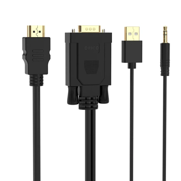 Kabel Orico XD‑VATH VGA i miniJack 3.5 mm na HDMI Full HD 60 Hz z zasilaniem USB 5 m Black (6936761873635) - obraz 2